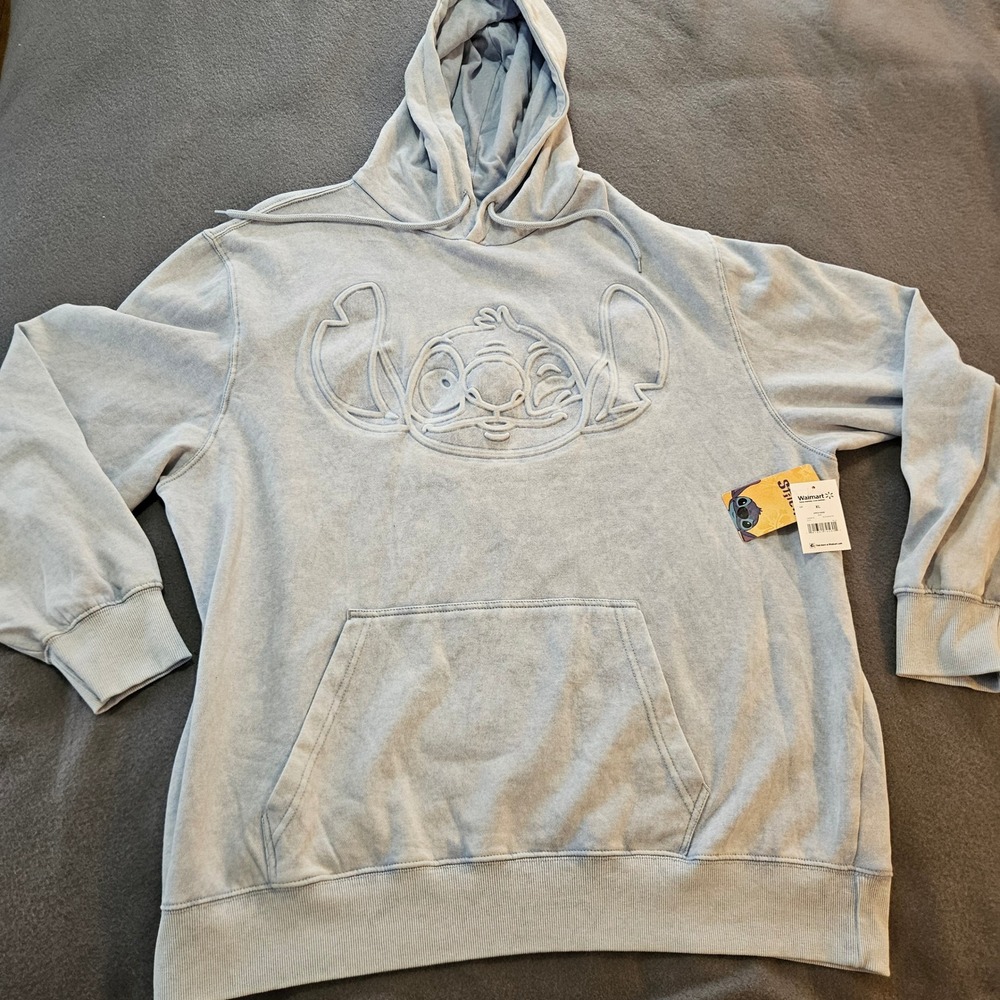 Disney Stitch Embossed Hoodie‎ Light Blue Pullover Hooded Sweatshirt Mens XL